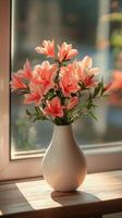 Beautiful bouquet of pink lilies in a white vase illuminated by natural light by the window photo