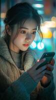 Young woman intensely focused on her smartphone while sitting in a dimly lit room photo