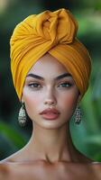 Woman wearing a yellow turban and wooden earrings with a soft expression against a dark background photo