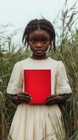 Young girl in a field holding a red book during an overcast day photo