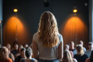 Young woman attentively listening during a presentation at a modern indoor event space photo