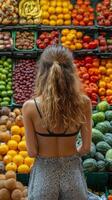 Exploring a vibrant market filled with fresh fruits and vegetables in the late afternoon photo