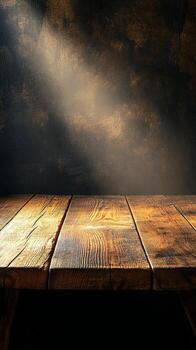 calentar luz de sol transmisión sobre un de madera mesa a amanecer en un sereno natural ajuste foto