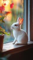 White rabbit sitting on a windowsill with colorful plants at sunset in a cozy indoor setting photo