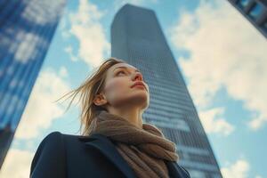 Looking up at a tall building under a bright blue sky with scattered clouds in an urban setting photo