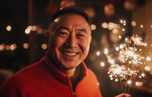 Celebrating with joy and sparklers at a festive gathering in the evening photo
