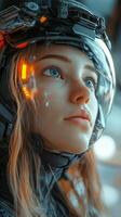 Futuristic woman in advanced helmet gazes upward in high-tech environment photo
