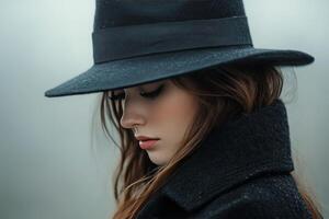Woman in a black hat standing in the rain against a dark wall during a cloudy day photo