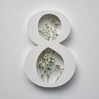 Decorative white number eight with delicate flowers displayed on a plain background photo