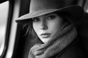 Young woman with hat and scarf gazing out of a bus window on a winter day photo