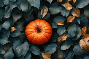 Vibrant pumpkin nestled among rich green leaves in an autumn garden setting photo