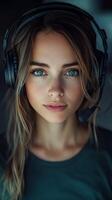 Young woman with headset focusing intently on a task in a dimly lit environment photo