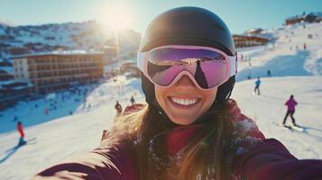 Smiling skier enjoys winter day on snowy slopes in mountain resort during bright sunshine photo