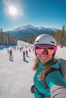 Smiling skier enjoys a sunny day on the slopes surrounded by snow-covered mountains and fellow snowboarders photo