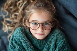 Cute girl in green sweater with glasses showing a charming smile indoors at a cozy location photo
