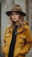 Young woman in a brown hat and yellow jacket against a white background expressing confidence and style photo