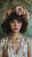 Vibrant floral arrangement crowns woman in garden filled with colorful blooms photo