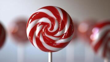Bright red and white striped lollipop on a stick with blurred candy background photo