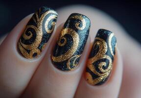 Elegant black and gold glitter nail art design with swirling patterns photo