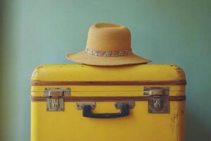 Vintage yellow suitcase with a straw hat resting on top against a simple green background photo