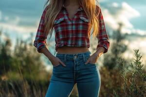 Stylish young woman in plaid shirt and high-waisted jeans standing in a beautiful natural setting photo