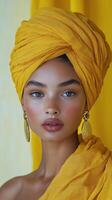 Woman wearing a yellow turban and wooden earrings with a soft expression against a dark background photo