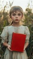 Young girl in a field holding a red book during an overcast day photo