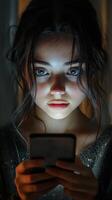 Young woman intensely focused on her smartphone while sitting in a dimly lit room photo