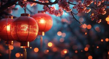 Colorful lanterns illuminated amidst blooming cherry blossoms at dusk photo