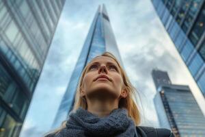 Looking up at a tall building under a bright blue sky with scattered clouds in an urban setting photo