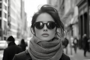 Young woman in sunglasses and scarf enjoys city life during a busy afternoon photo