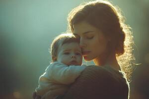 Mother holding baby in soft glowing light during a serene moment outdoors photo