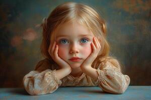 Young girl with red hair resting chin on hands in a softly lit environment during daytime photo