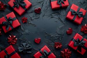 Celebratory red gift boxes with black ribbons arranged on dark background for special occasions photo
