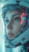 Futuristic woman in advanced helmet gazes upward in high-tech environment photo