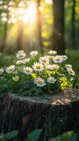Sunlight filtering through trees above a wooden stump surrounded by blooming daisies in a forest photo