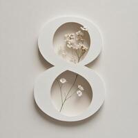 Decorative white number eight with delicate flowers displayed on a plain background photo