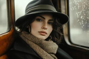 Young woman with hat and scarf gazing out of a bus window on a winter day photo
