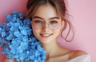 Smiling young woman with blue flowers against a pink background in a bright and cheerful setting photo