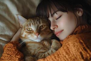 Warm embrace between woman and orange cat on a cozy afternoon photo