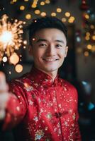Celebrating with sparkles and joy in a festive atmosphere during the evening festivity photo