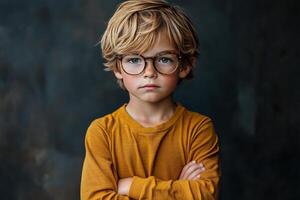 Young boy with curly hair and glasses poses confidently against dark background photo