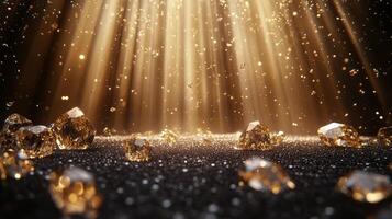 Sparkling gems reflect light in a glamorous setting filled with shimmering particles photo