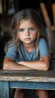 Young girl with long hair sitting at a wooden table in a cozy indoor setting photo