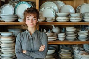 Young woman stands confidently in a pottery shop surrounded by stacks of ceramics photo