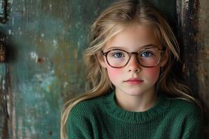 Cute girl in green sweater with glasses showing a charming smile indoors at a cozy location photo