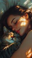 Cozy moment between a woman and her relaxed cat in a serene setting photo