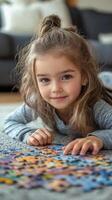 Young child enjoys assembling colorful puzzle pieces on the living room floor during daylight hours photo