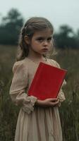Young girl in a field holding a red book during an overcast day photo