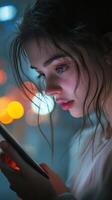 Young woman intensely focused on her smartphone while sitting in a dimly lit room photo